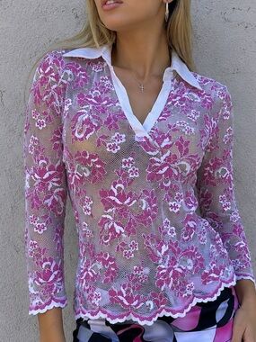 Y2K Vintage Cache Sheer Pink and White Floral Lace Collared fitted Top size M